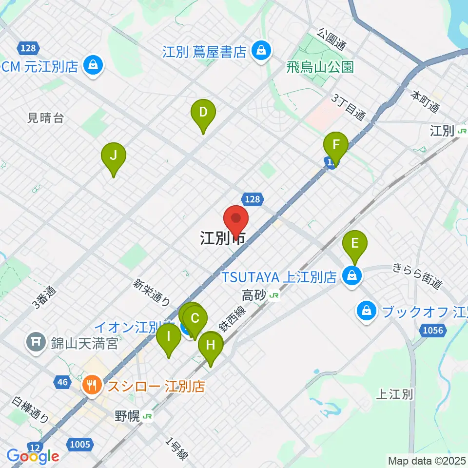 江別市民会館周辺のカフェ一覧地図
