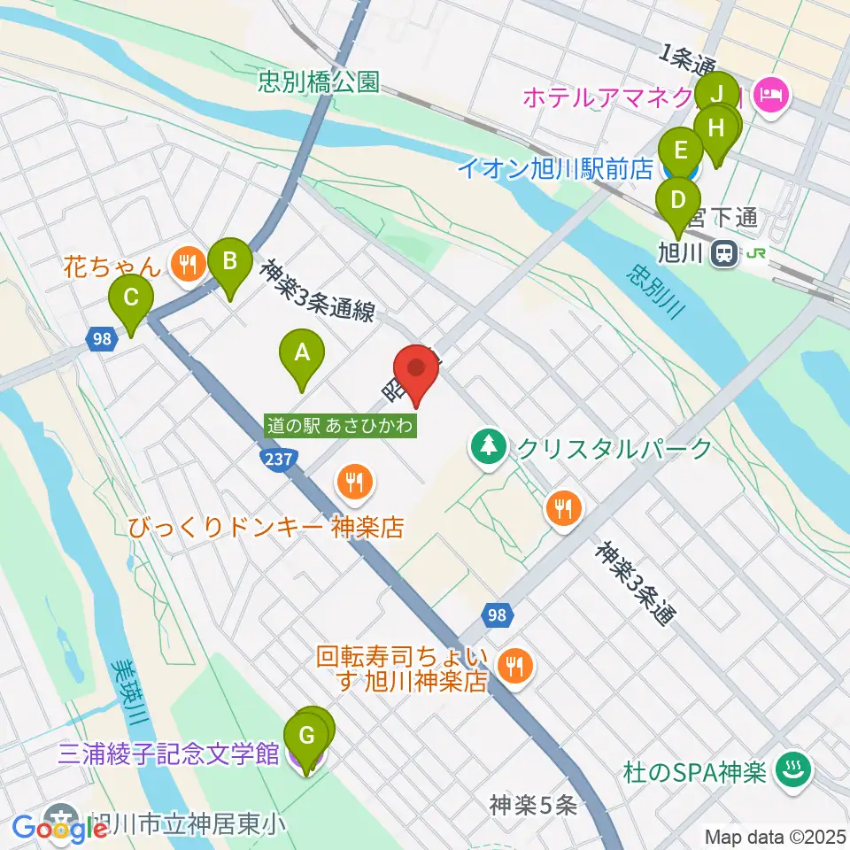 旭川市大雪クリスタルホール周辺のカフェ一覧地図