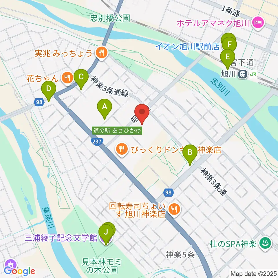 旭川市大雪クリスタルホール周辺のカフェ一覧地図