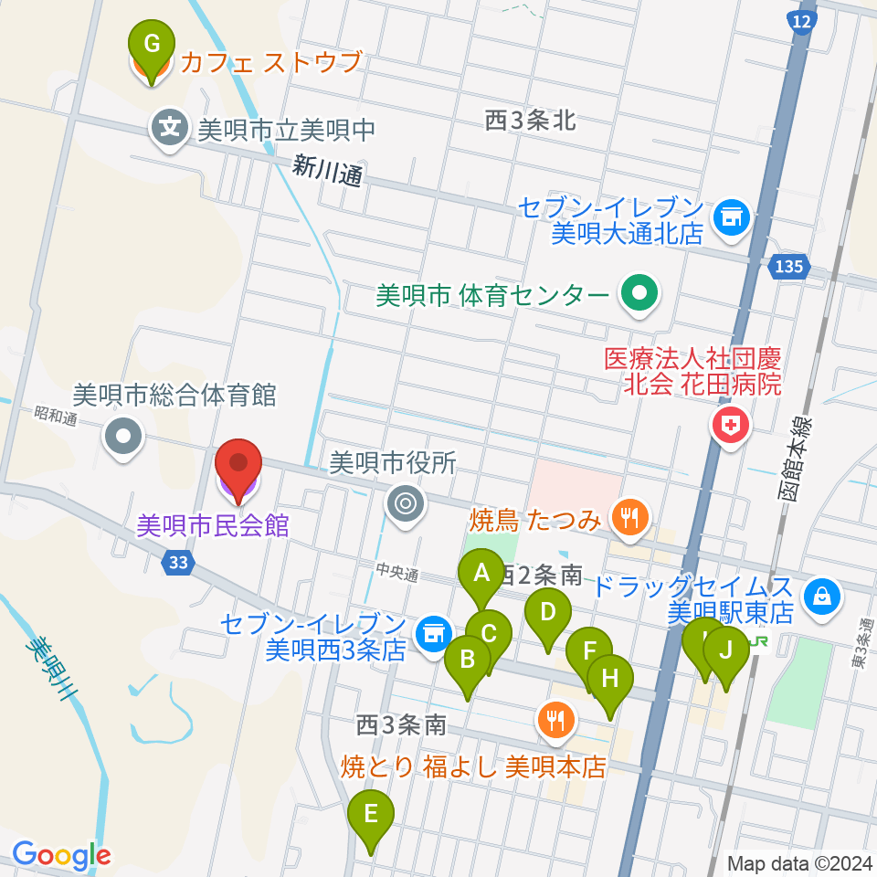 美唄市民会館周辺のカフェ一覧地図