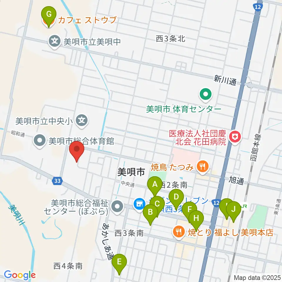 美唄市民会館周辺のカフェ一覧地図