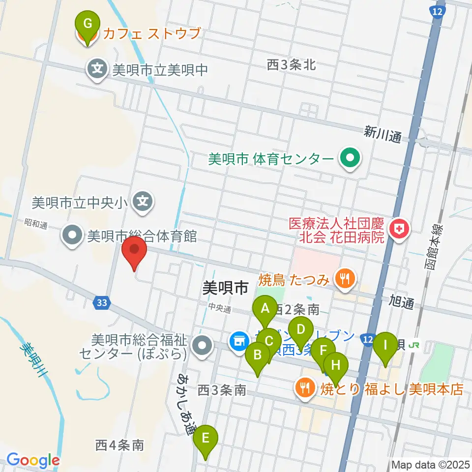 美唄市民会館周辺のカフェ一覧地図