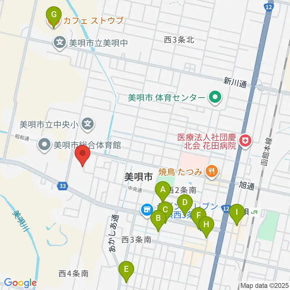 美唄市民会館周辺のカフェ一覧地図