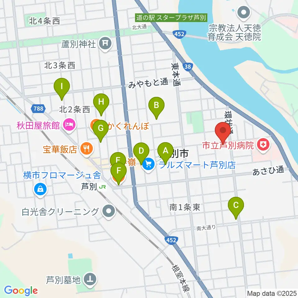 芦別市民会館周辺のカフェ一覧地図