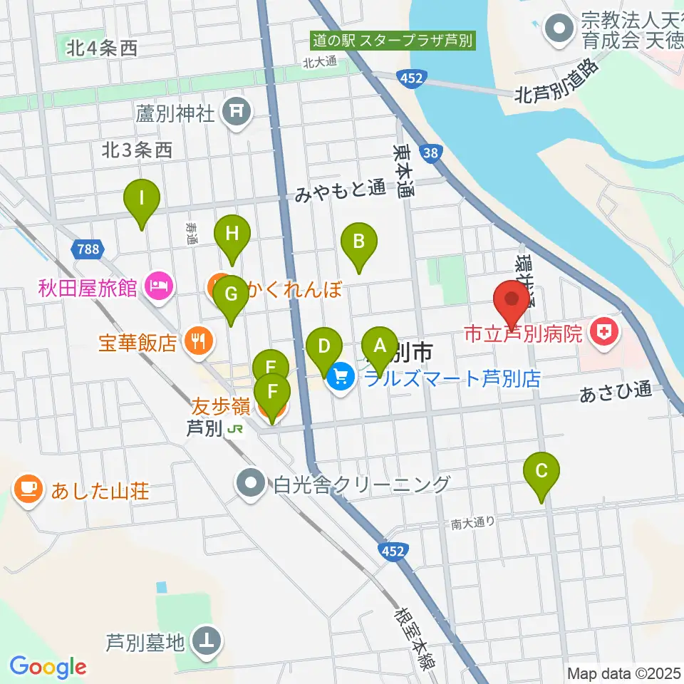 芦別市民会館周辺のカフェ一覧地図