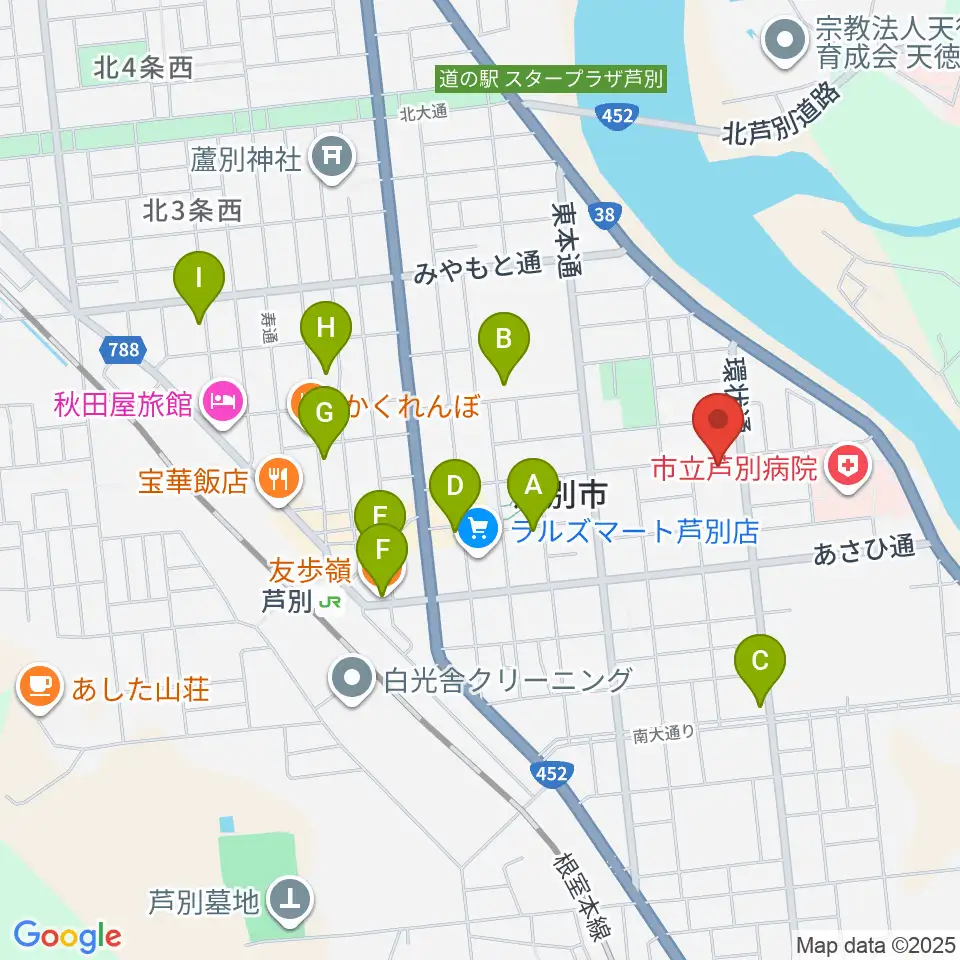 芦別市民会館周辺のカフェ一覧地図