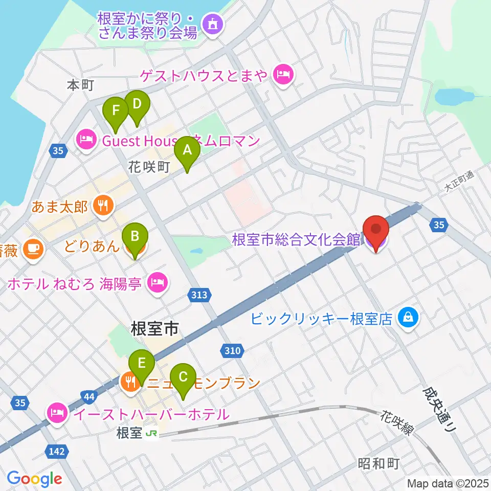 根室市総合文化会館周辺のカフェ一覧地図