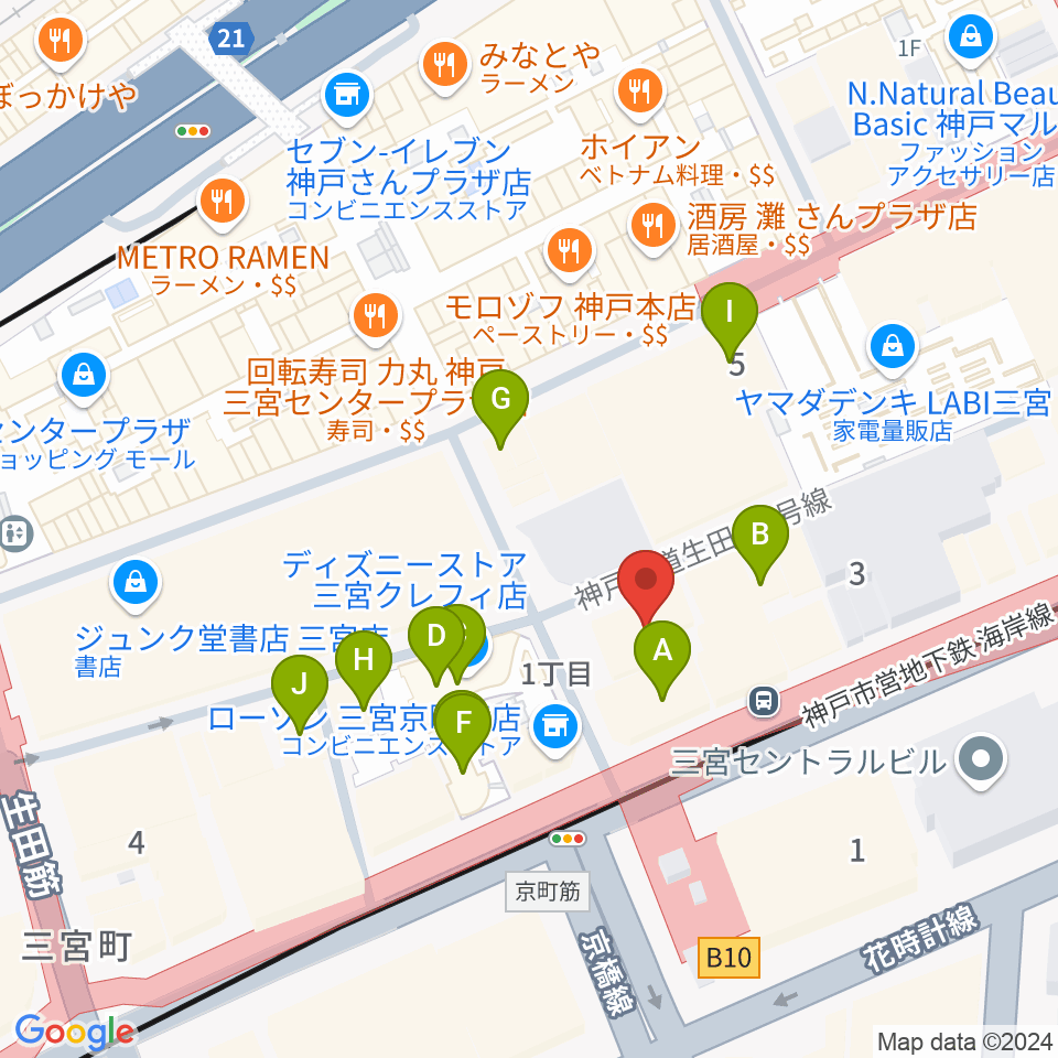 ベースオントップ三宮店周辺のカフェ一覧地図