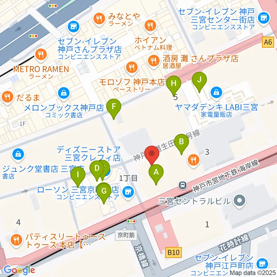 ベースオントップ三宮店周辺のカフェ一覧地図