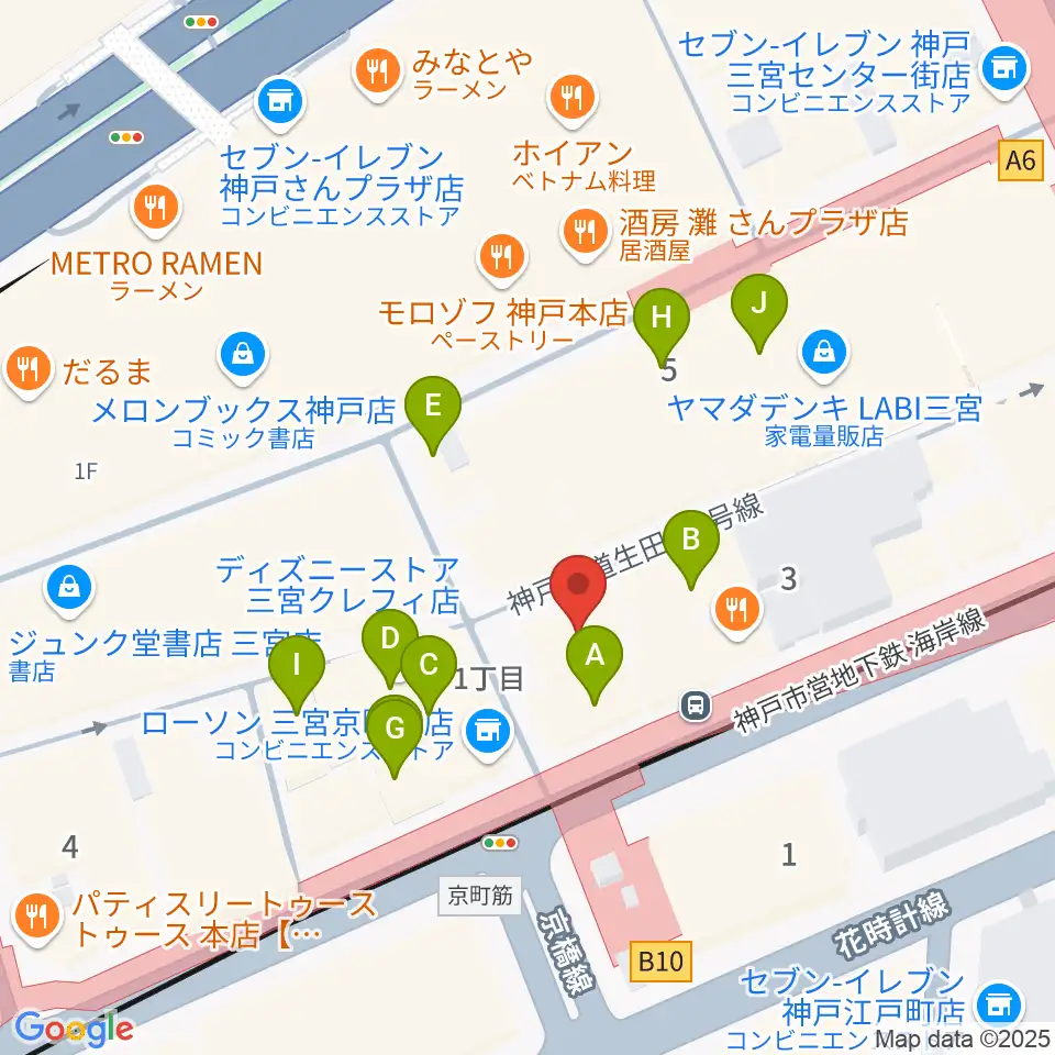 ベースオントップ三宮店周辺のカフェ一覧地図
