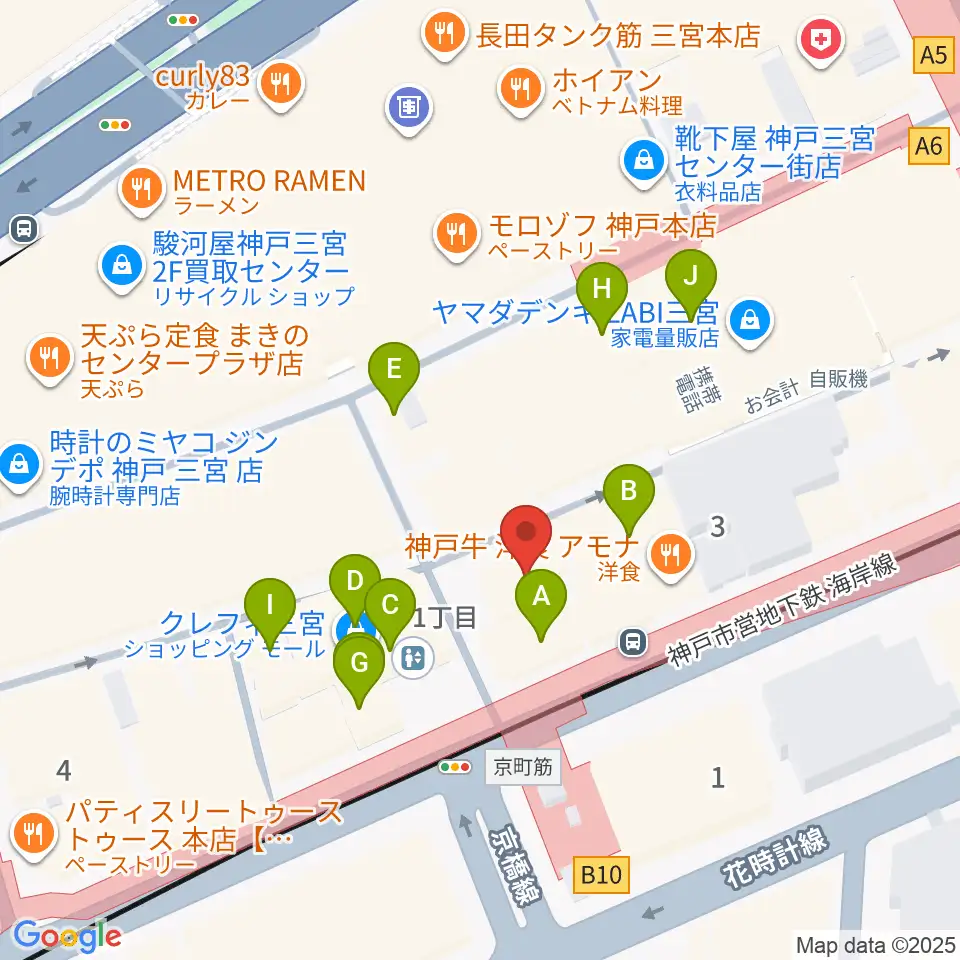 ベースオントップ三宮店周辺のカフェ一覧地図