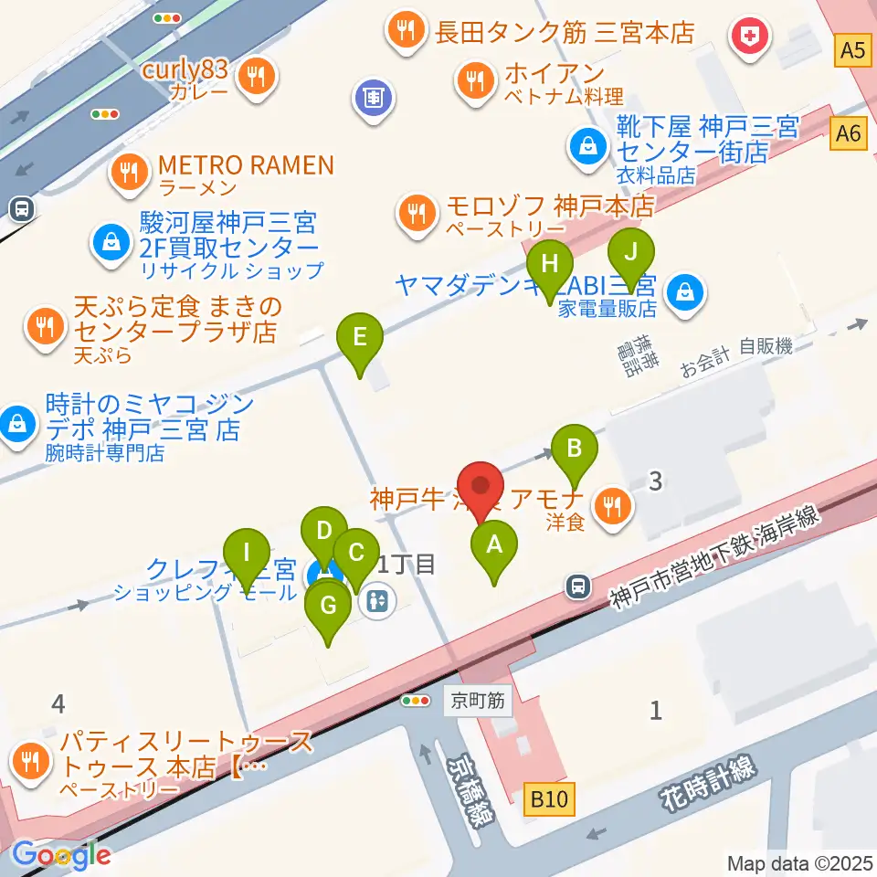 ベースオントップ三宮店周辺のカフェ一覧地図