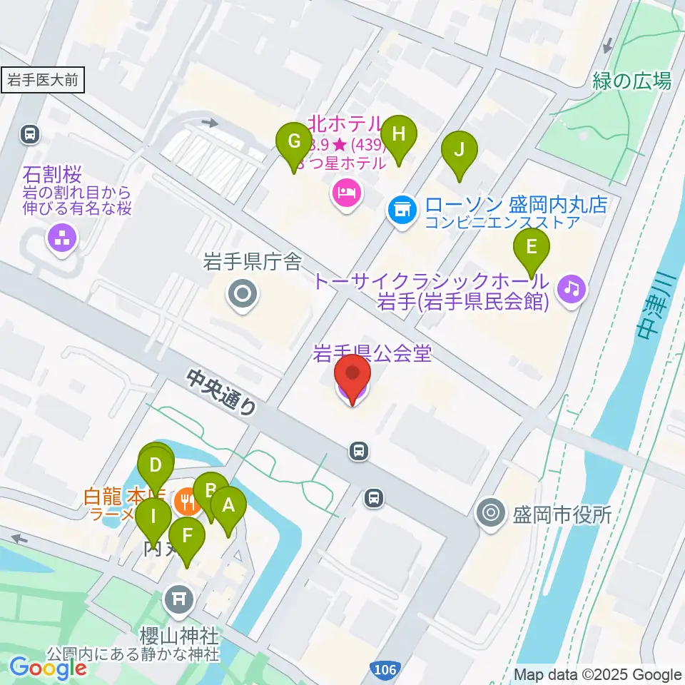 岩手県公会堂周辺のカフェ一覧地図