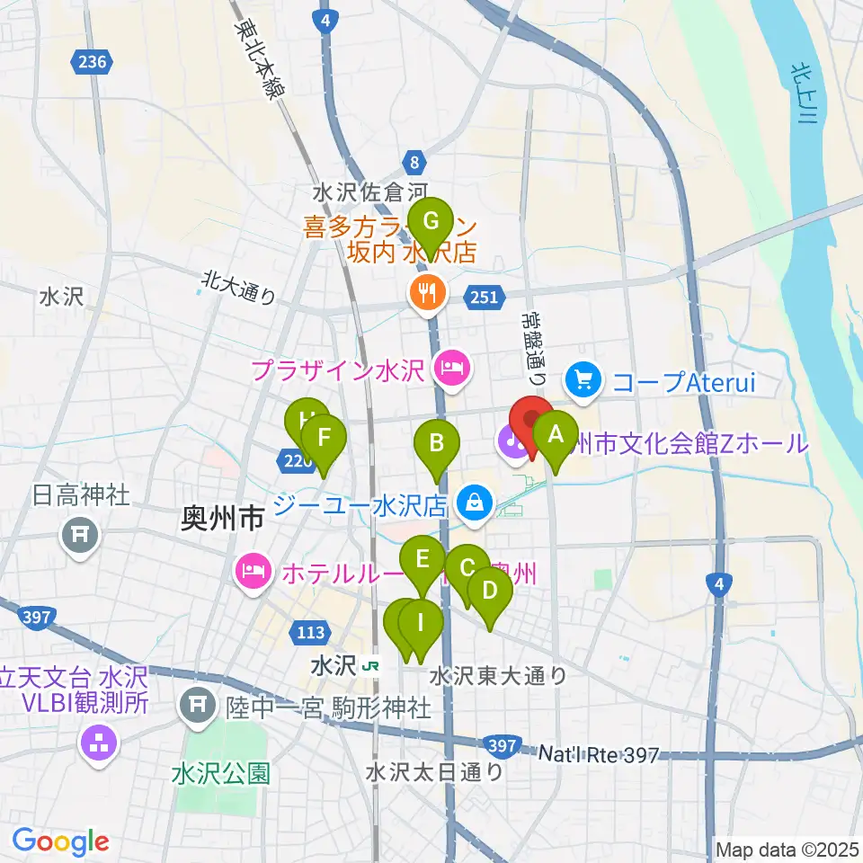奥州市文化会館Zホール周辺のカフェ一覧地図