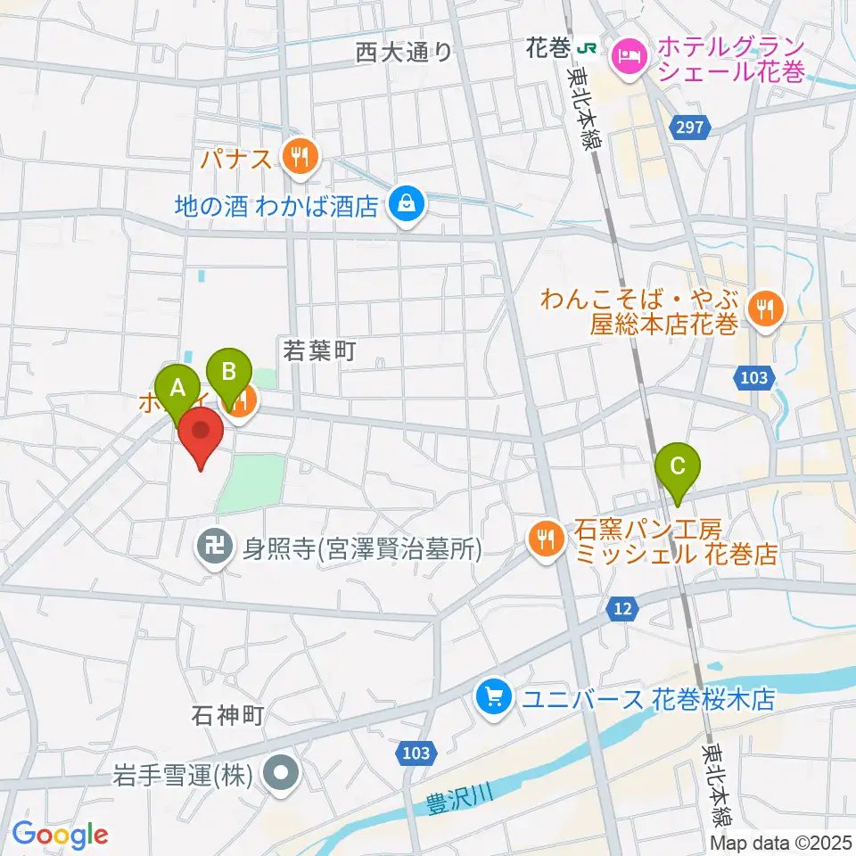 花巻市文化会館周辺のカフェ一覧地図