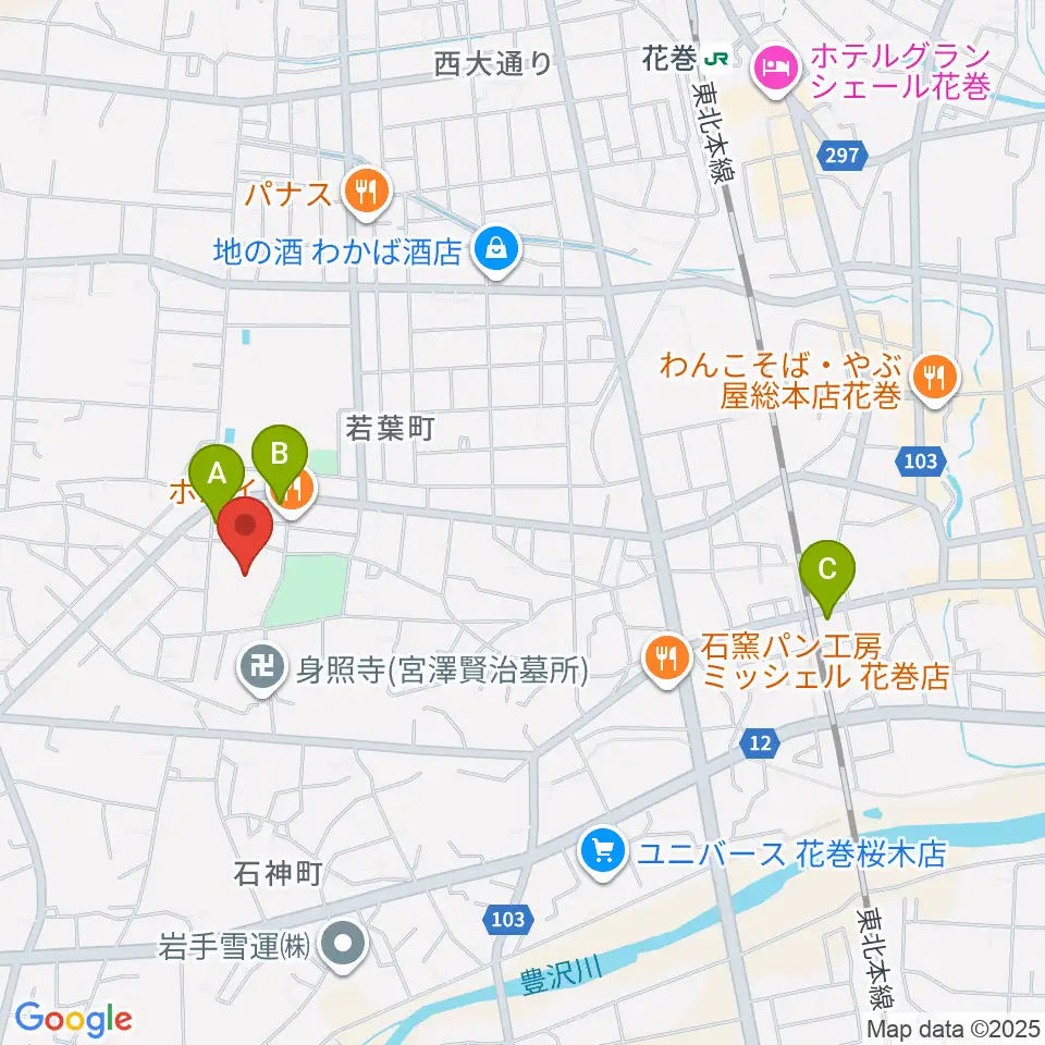 花巻市文化会館周辺のカフェ一覧地図