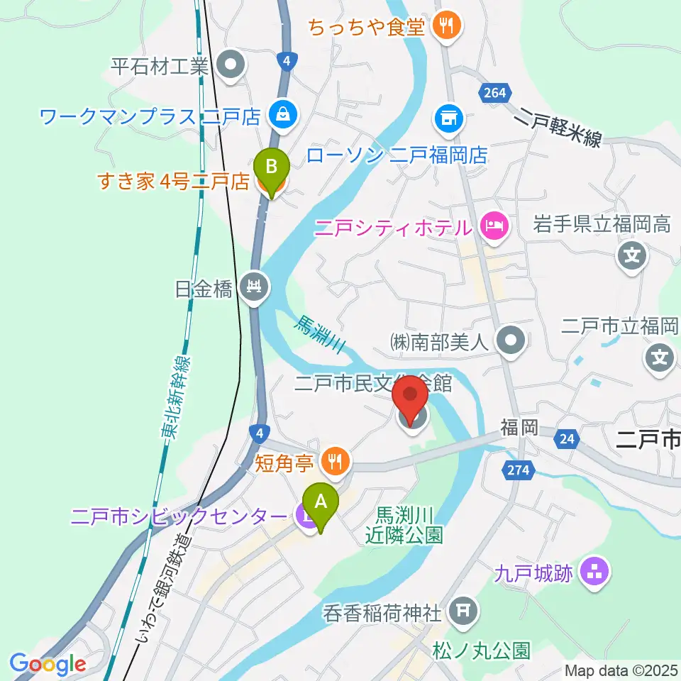 二戸市民文化会館周辺のカフェ一覧地図