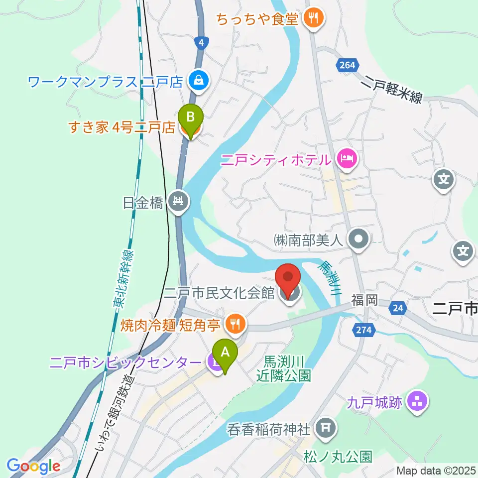 二戸市民文化会館周辺のカフェ一覧地図