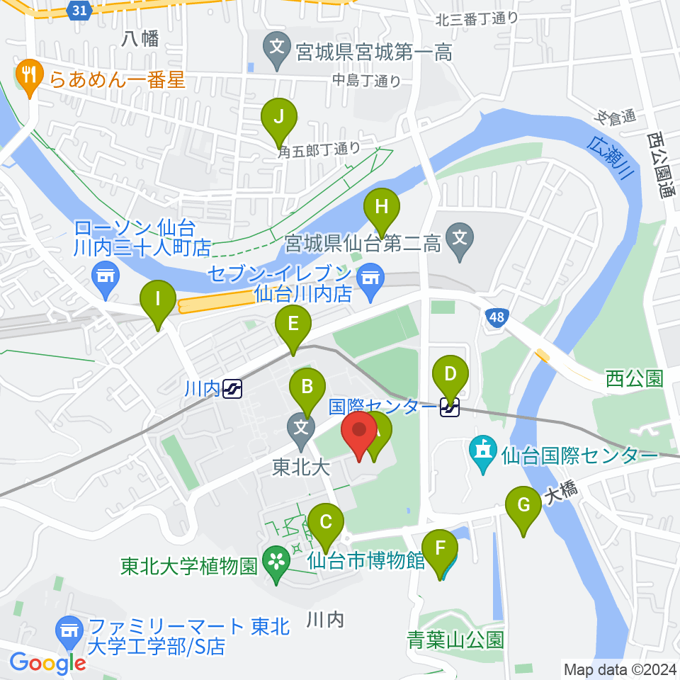 東北大学百周年記念会館 川内萩ホール周辺のカフェ一覧地図