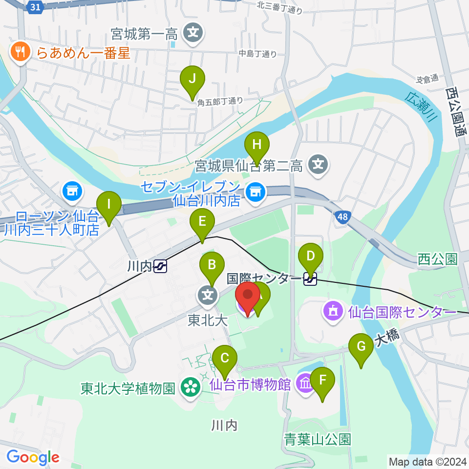 東北大学百周年記念会館 川内萩ホール周辺のカフェ一覧地図