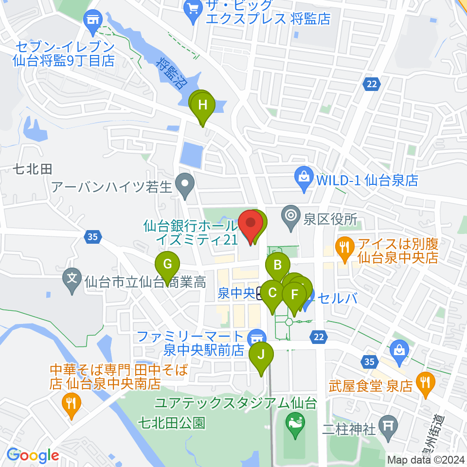 仙台銀行ホール イズミティ21周辺のカフェ一覧地図