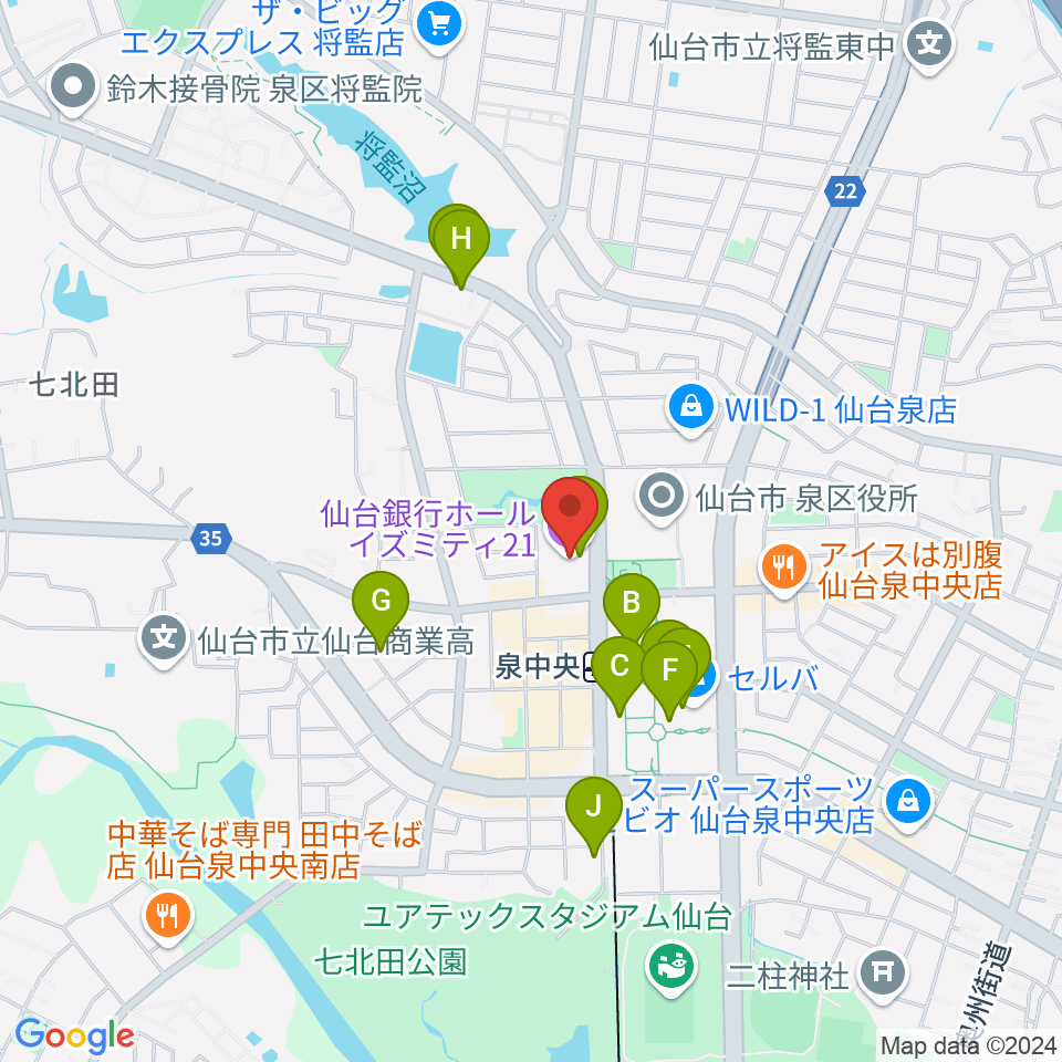 仙台銀行ホール イズミティ21周辺のカフェ一覧地図