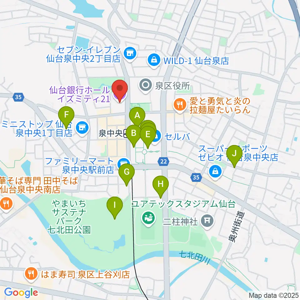 仙台銀行ホール イズミティ21周辺のカフェ一覧地図
