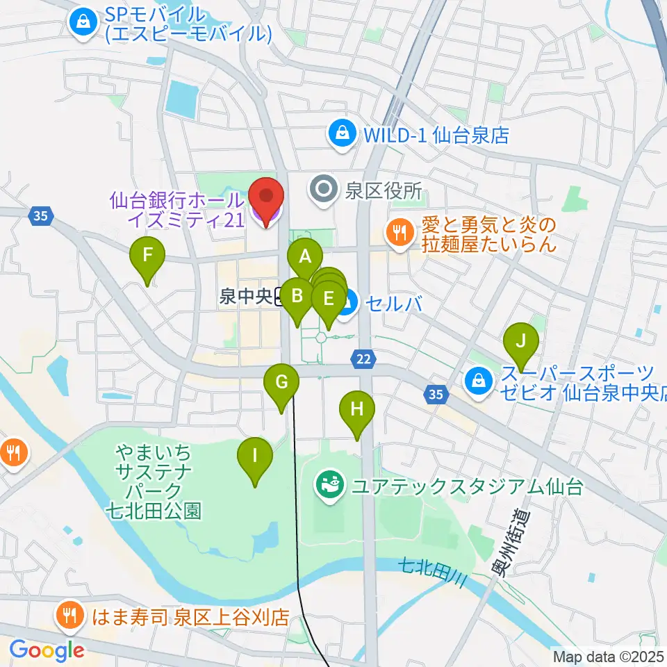 仙台銀行ホール イズミティ21周辺のカフェ一覧地図