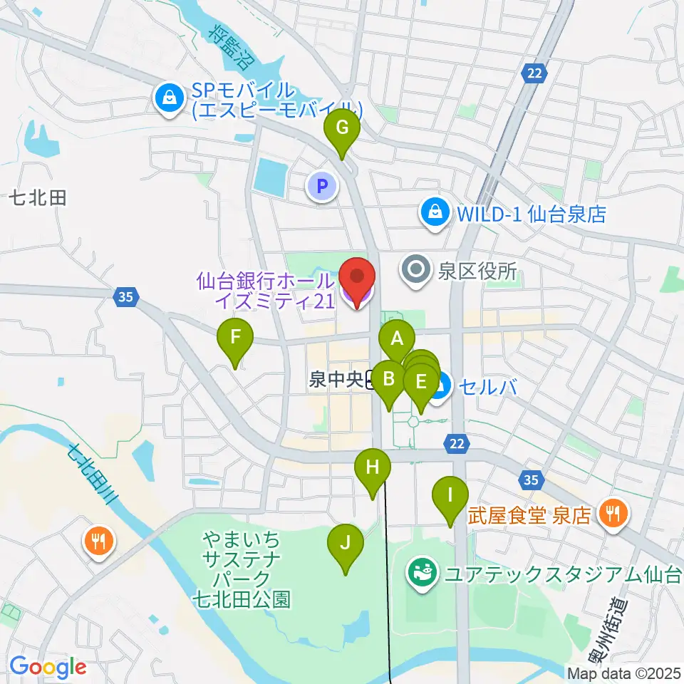 仙台銀行ホール イズミティ21周辺のカフェ一覧地図