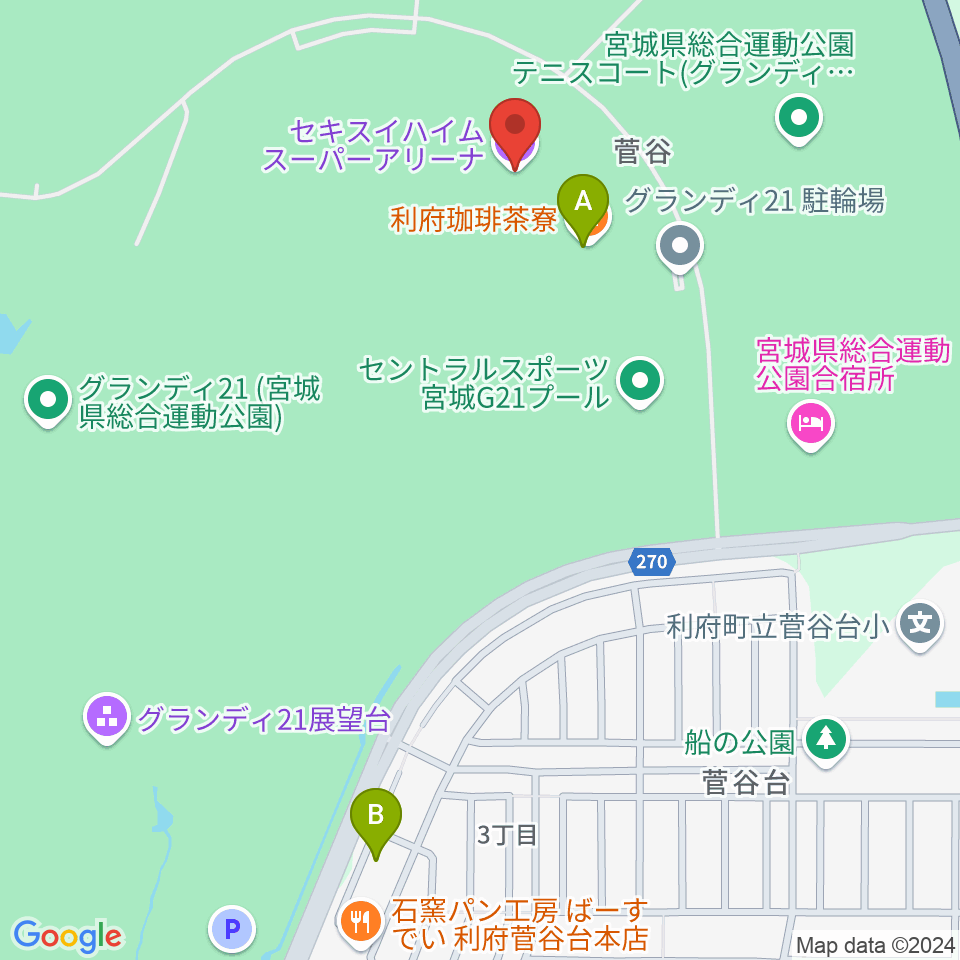 宮城セキスイハイムスーパーアリーナ周辺のカフェ一覧地図