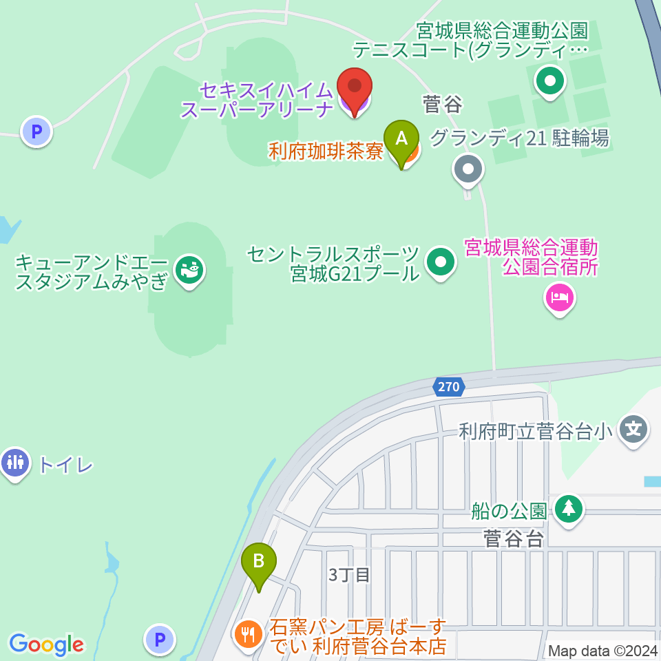 宮城セキスイハイムスーパーアリーナ周辺のカフェ一覧地図