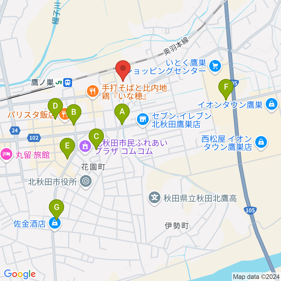 北秋田市文化会館ファルコン周辺のカフェ一覧地図