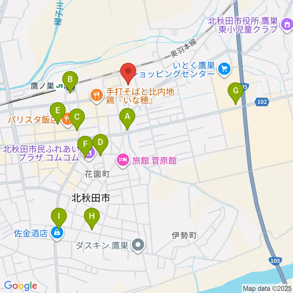 北秋田市文化会館ファルコン周辺のカフェ一覧地図