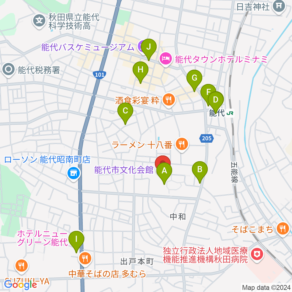 能代市文化会館周辺のカフェ一覧地図