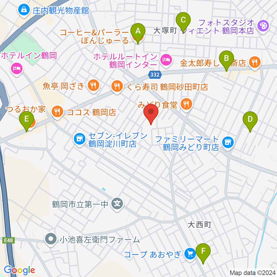 鶴岡市中央公民館周辺のカフェ一覧地図