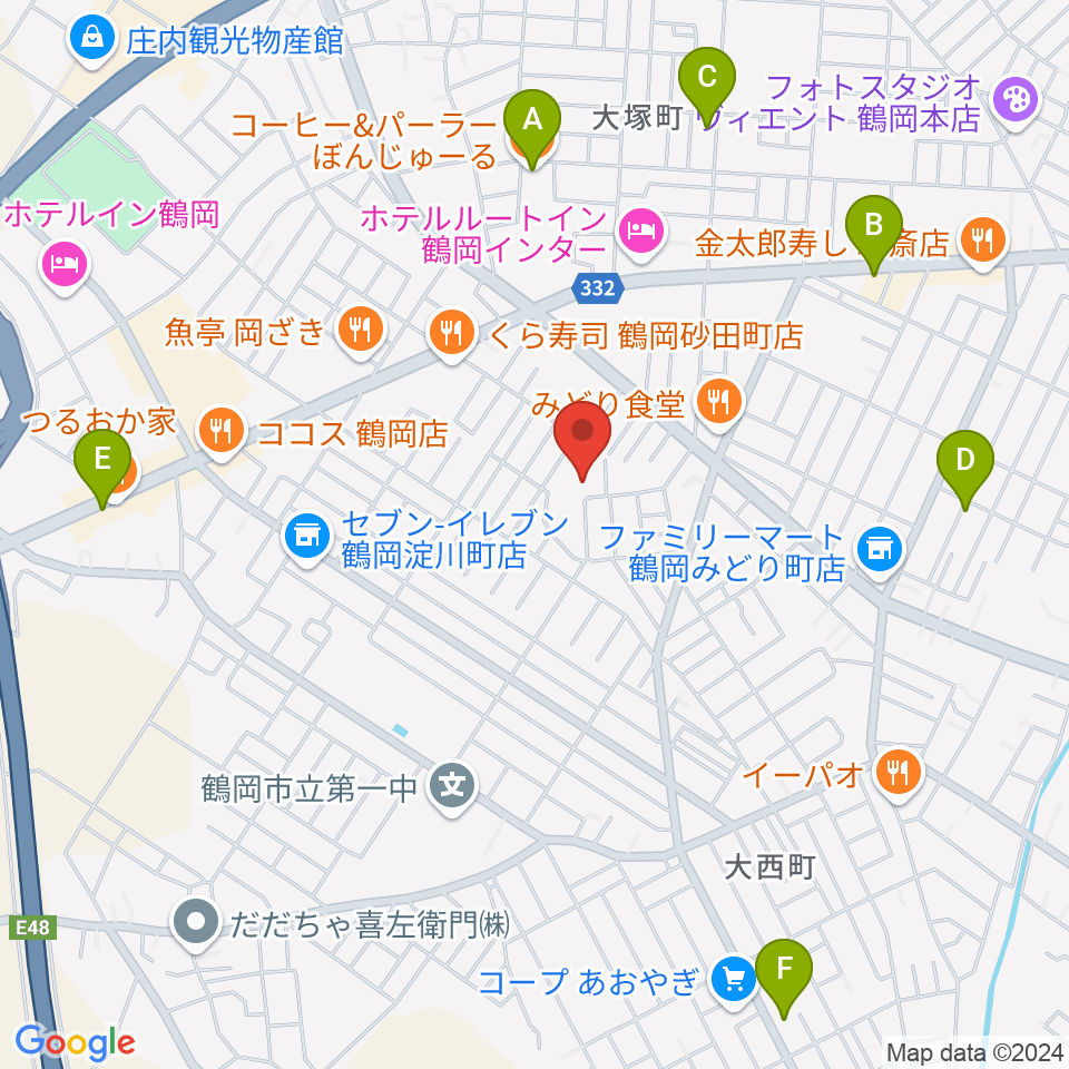 鶴岡市中央公民館周辺のカフェ一覧地図