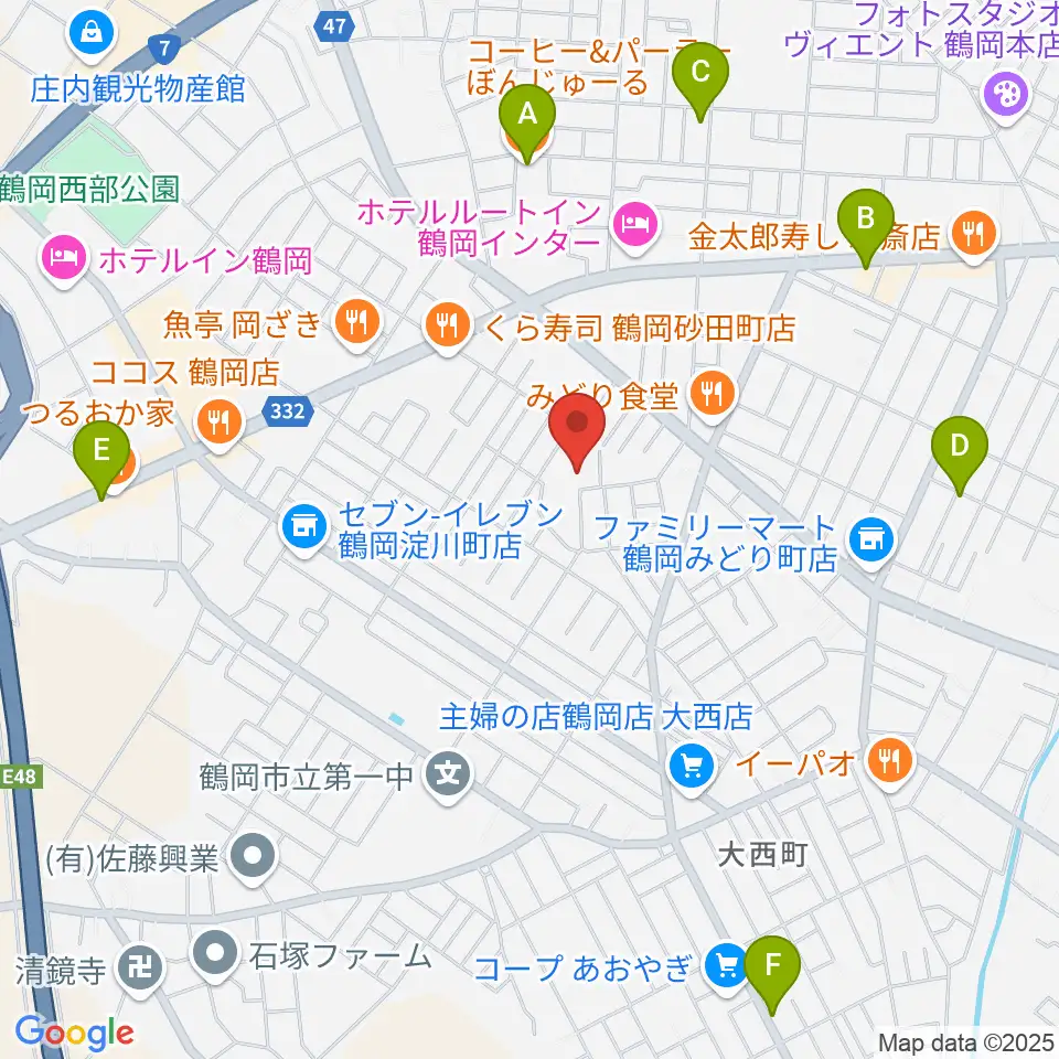 鶴岡市中央公民館周辺のカフェ一覧地図