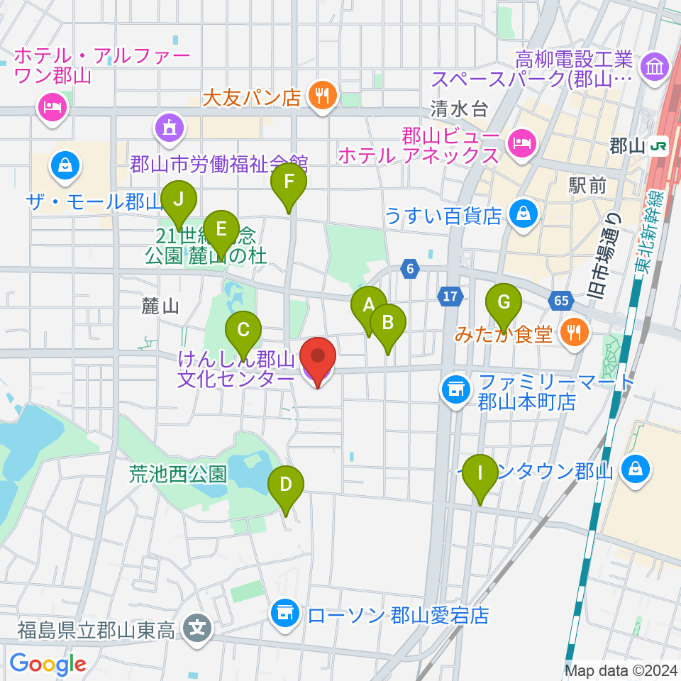 けんしん郡山文化センター周辺のカフェ一覧地図