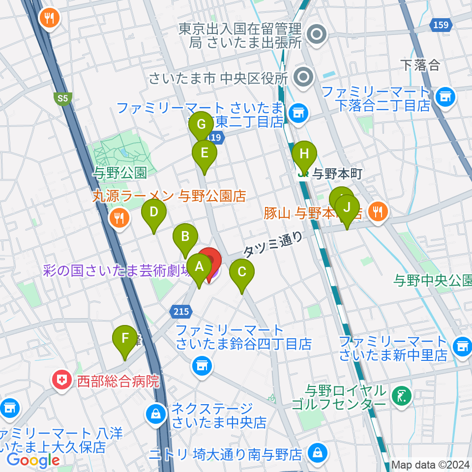 彩の国さいたま芸術劇場周辺のカフェ一覧地図