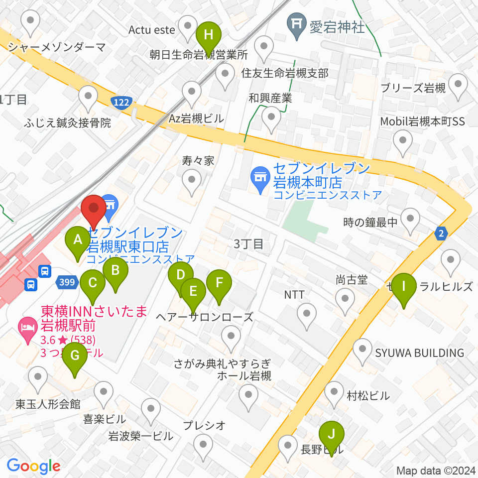 岩槻駅東口コミュニティセンター周辺のカフェ一覧地図