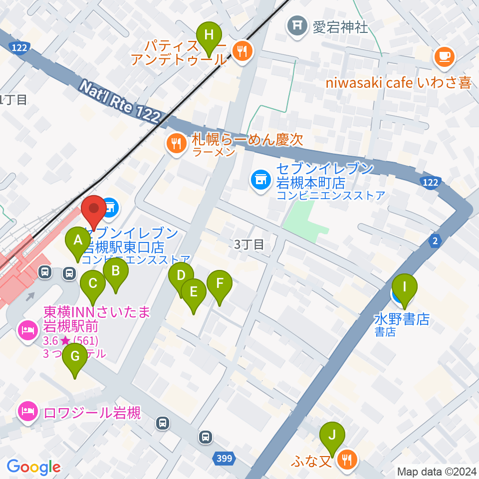 岩槻駅東口コミュニティセンター周辺のカフェ一覧地図