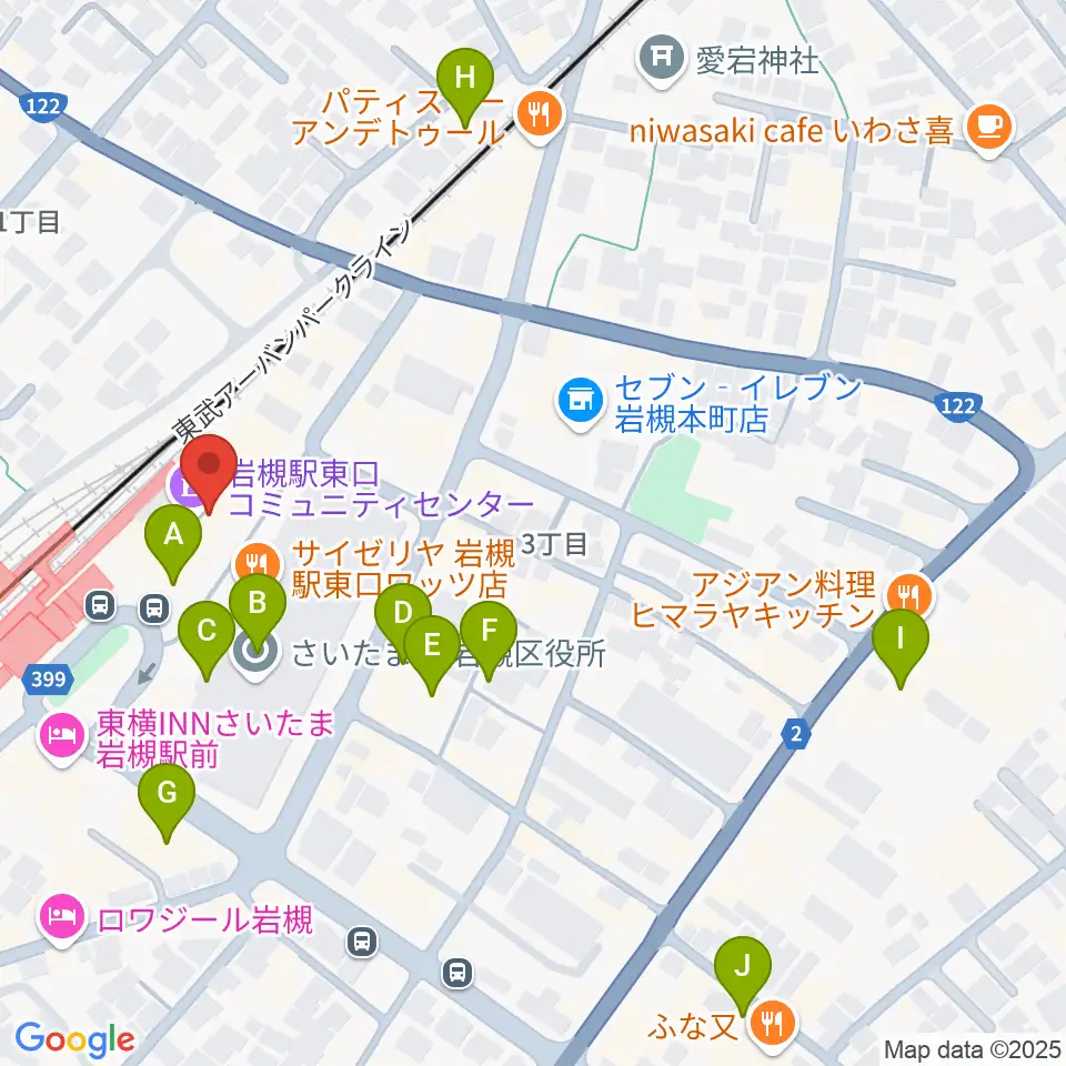 岩槻駅東口コミュニティセンター周辺のカフェ一覧地図