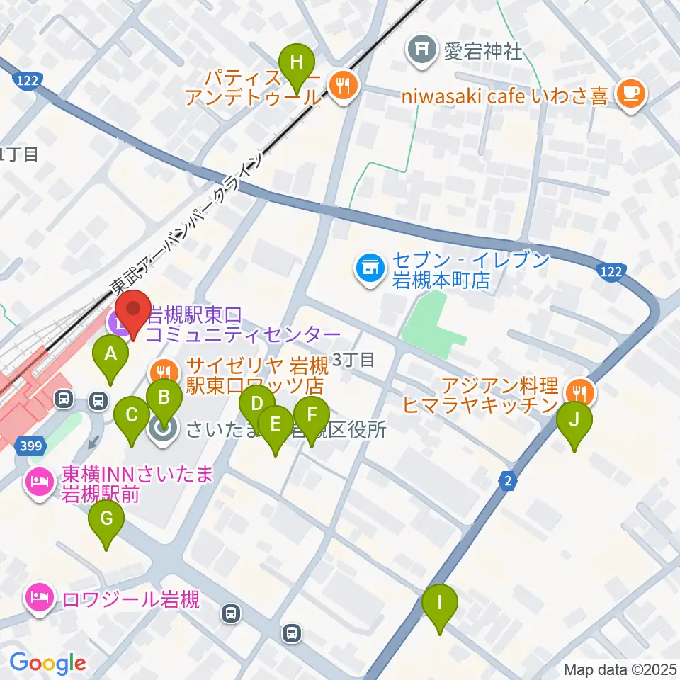 岩槻駅東口コミュニティセンター周辺のカフェ一覧地図