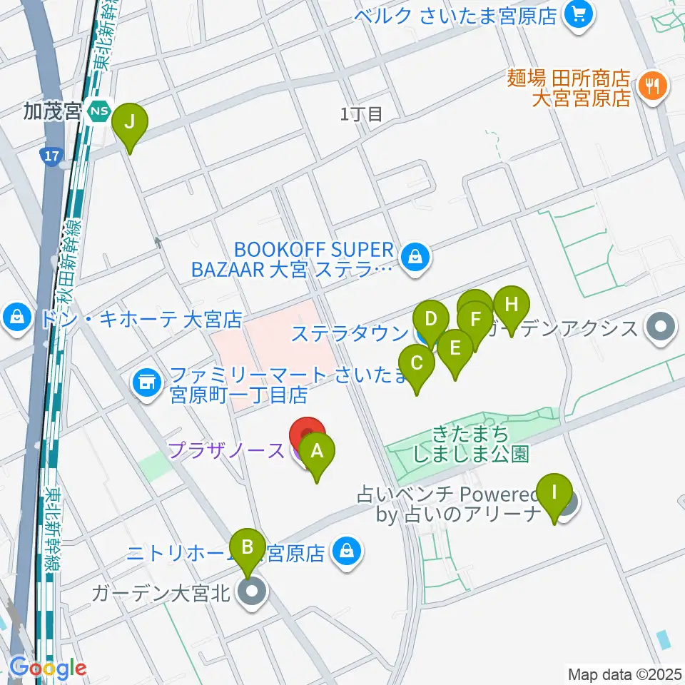 さいたま市プラザノース周辺のカフェ一覧地図