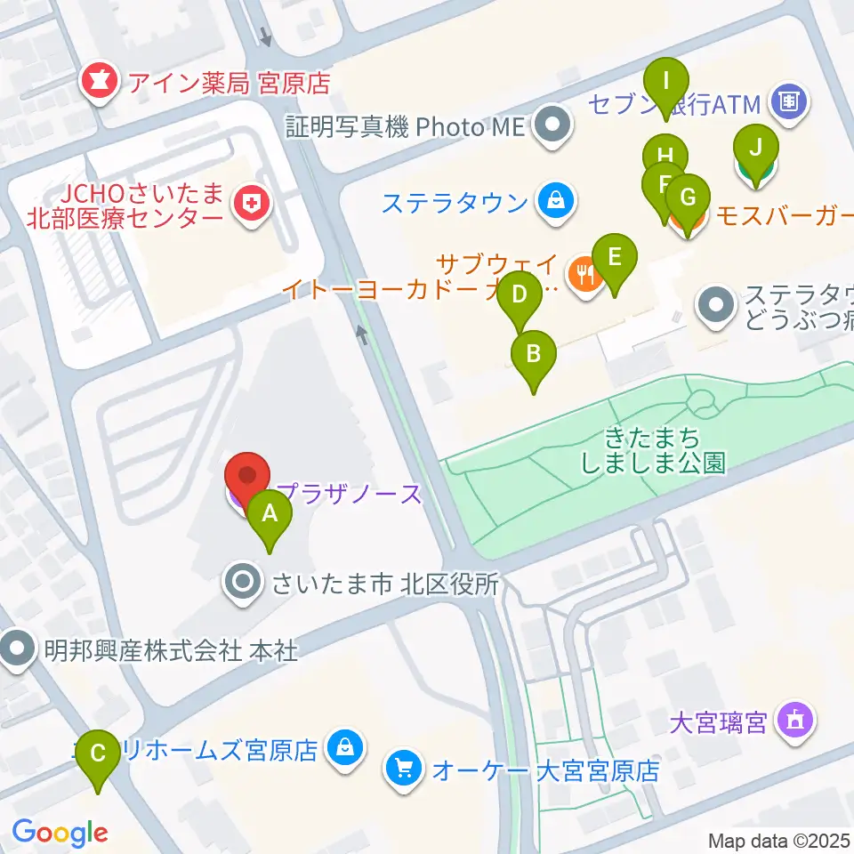 さいたま市プラザノース周辺のカフェ一覧地図
