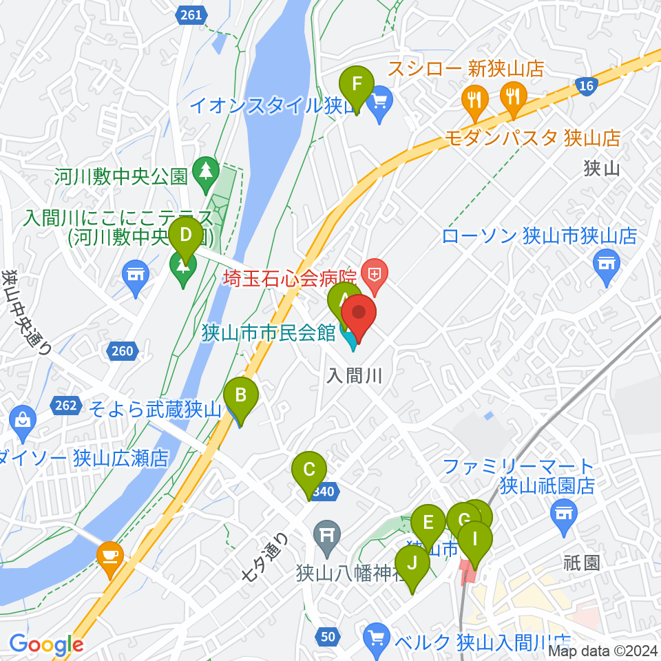 狭山市市民会館周辺のカフェ一覧地図