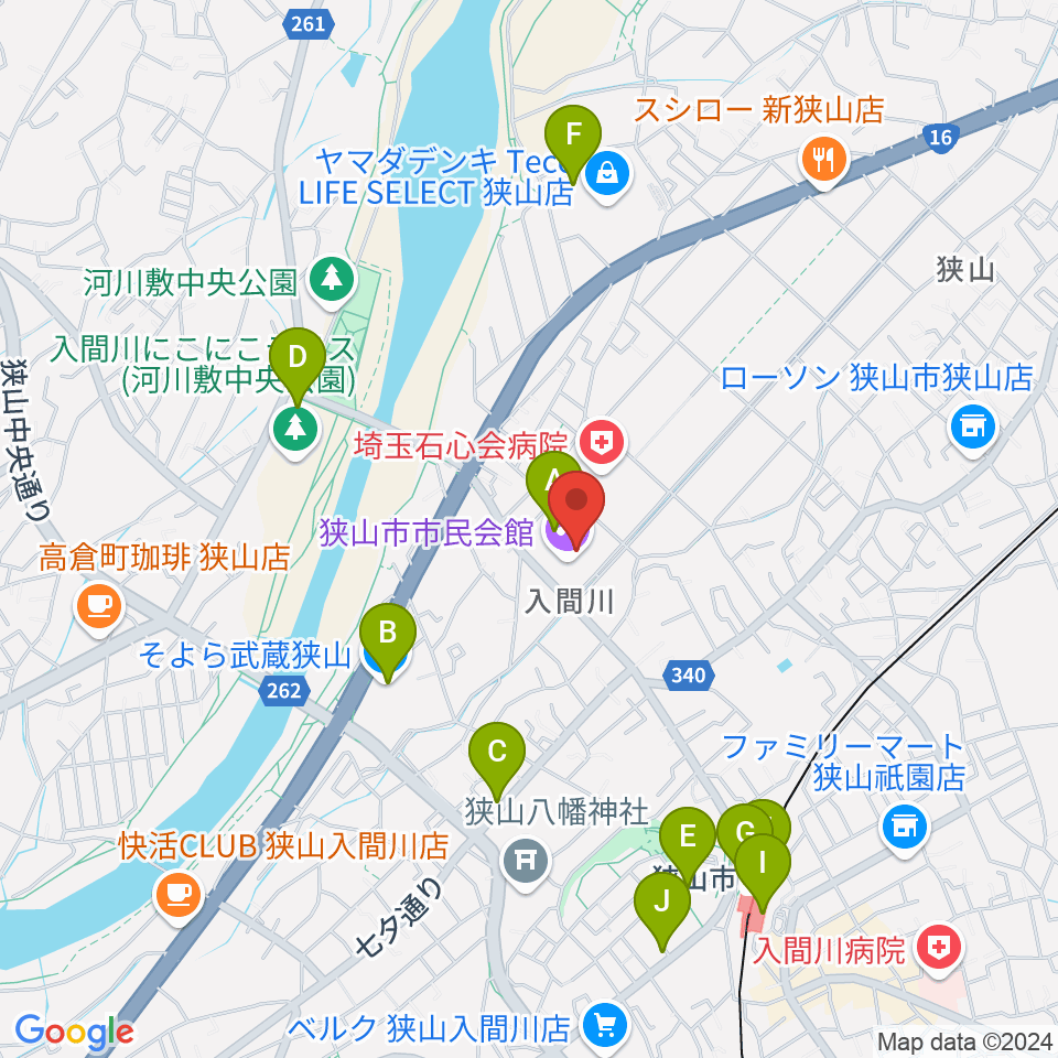 狭山市市民会館周辺のカフェ一覧地図