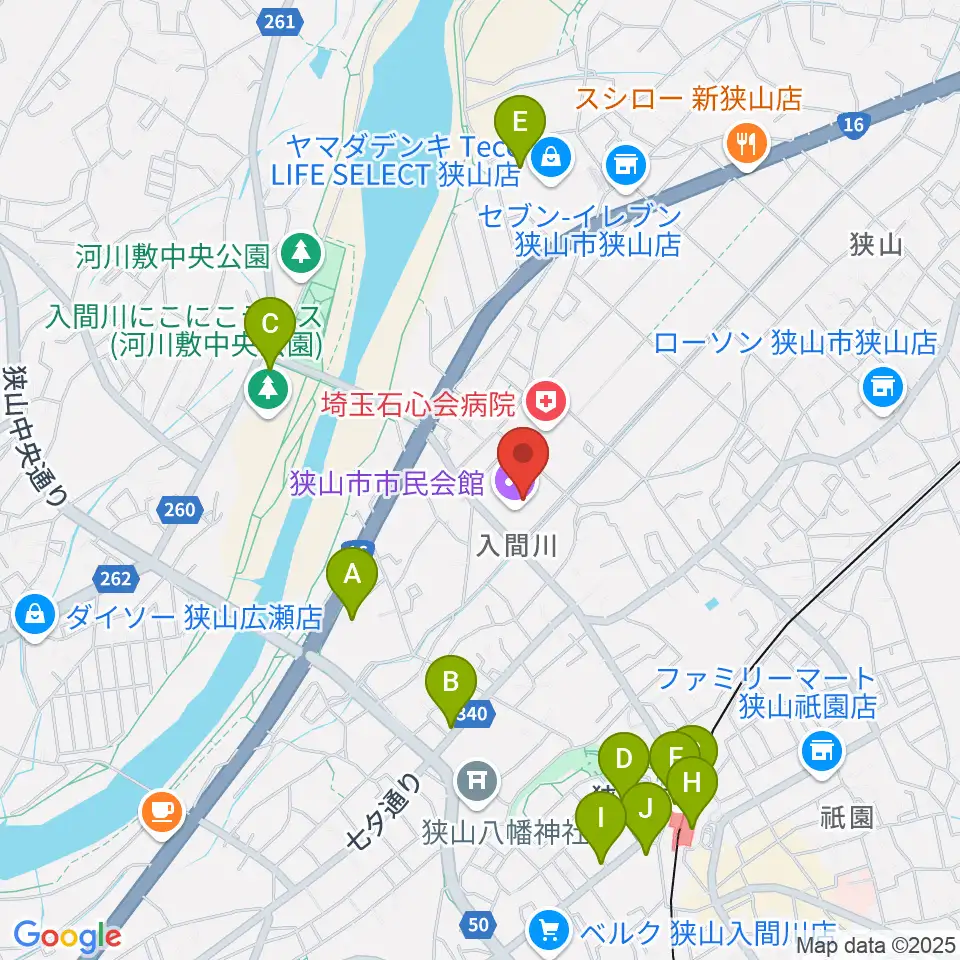 狭山市市民会館周辺のカフェ一覧地図