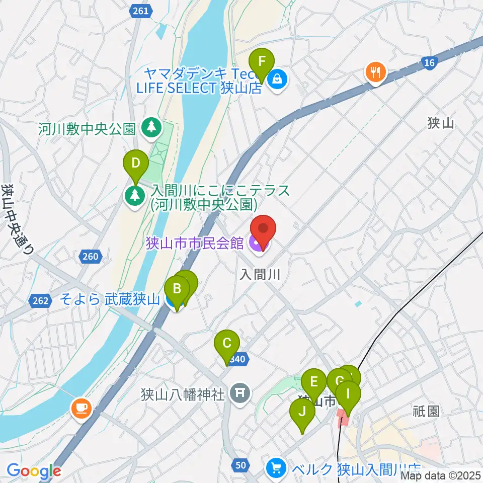 狭山市市民会館周辺のカフェ一覧地図