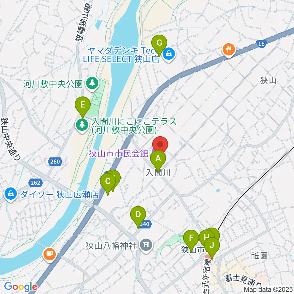 狭山市市民会館周辺のカフェ一覧地図
